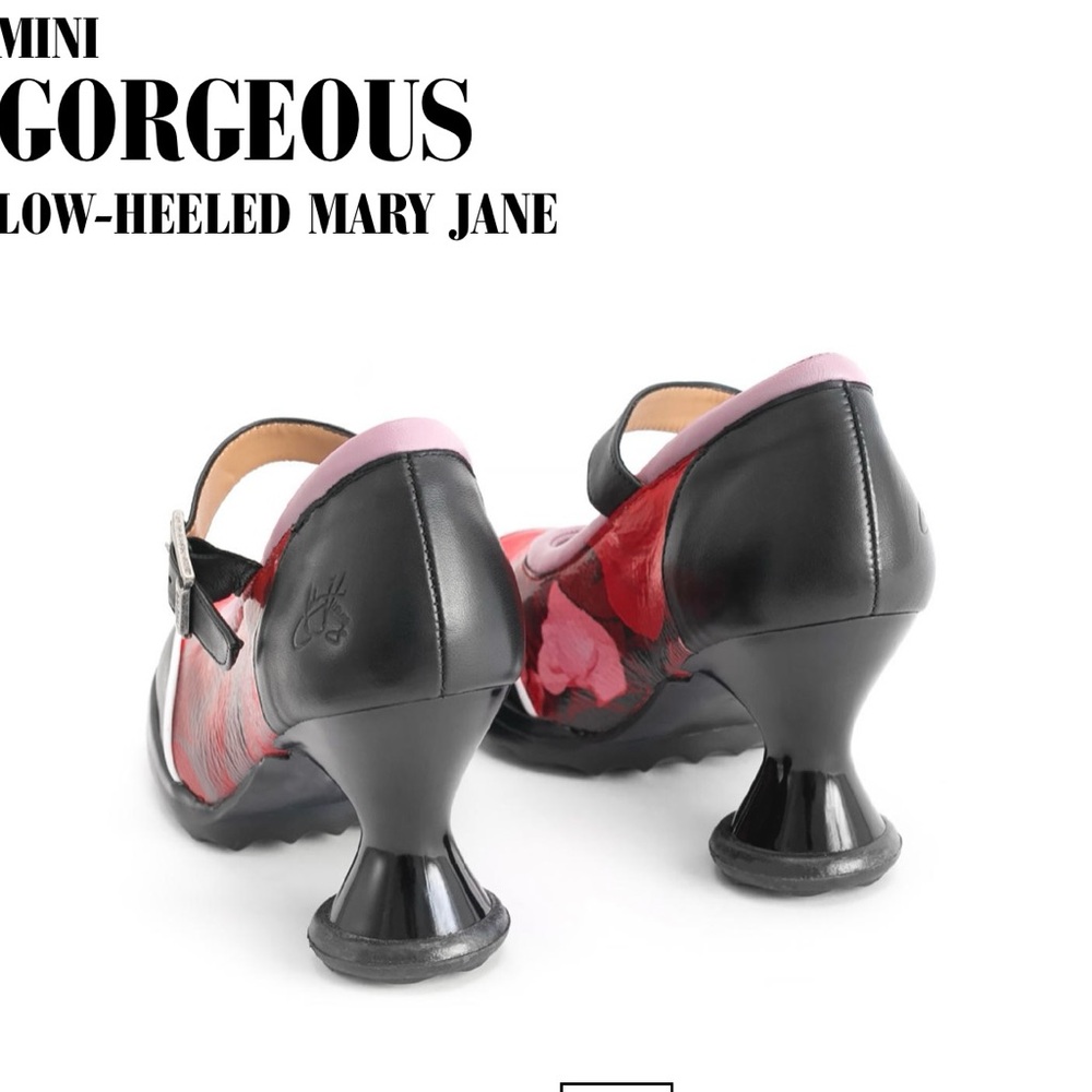John Fluevog Black and Red Floral Mary Jane Heels with Pink Trim - Picture 3 of 9